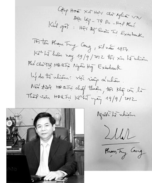 Ông Phạm Trung Cang và đơn xin từ nhiệm Phó Chủ tịch HĐQT Eximbank vào ngày 19-9-2012Ảnh: MINH ANH