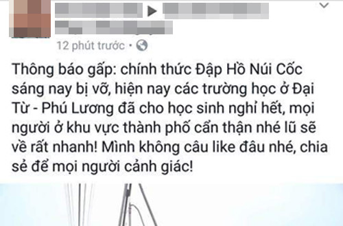 Thanh niên tung tin vỡ đập hồ Núi Cốc bị phạt 12,5 triệu đồng - Ảnh 1.