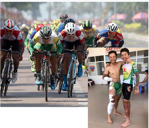 
Thanh Tâm (64) và Mai Nguyễn Hưng (3) cạnh tranh gay gắt trên đường đuaẢnh nhỏ: Nguyệt Minh (trái) và Ngọc Sơn sau tai nạn ở đích đến tại chặng Nha Trang - Phan Rang Cúp Truyền hình TP HCM 2017
