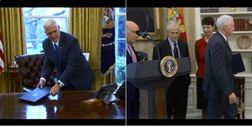 
Phó Tổng thống Pence quay lại lấy văn kiện trên bàn tổng thống. Ảnh: Twitter
