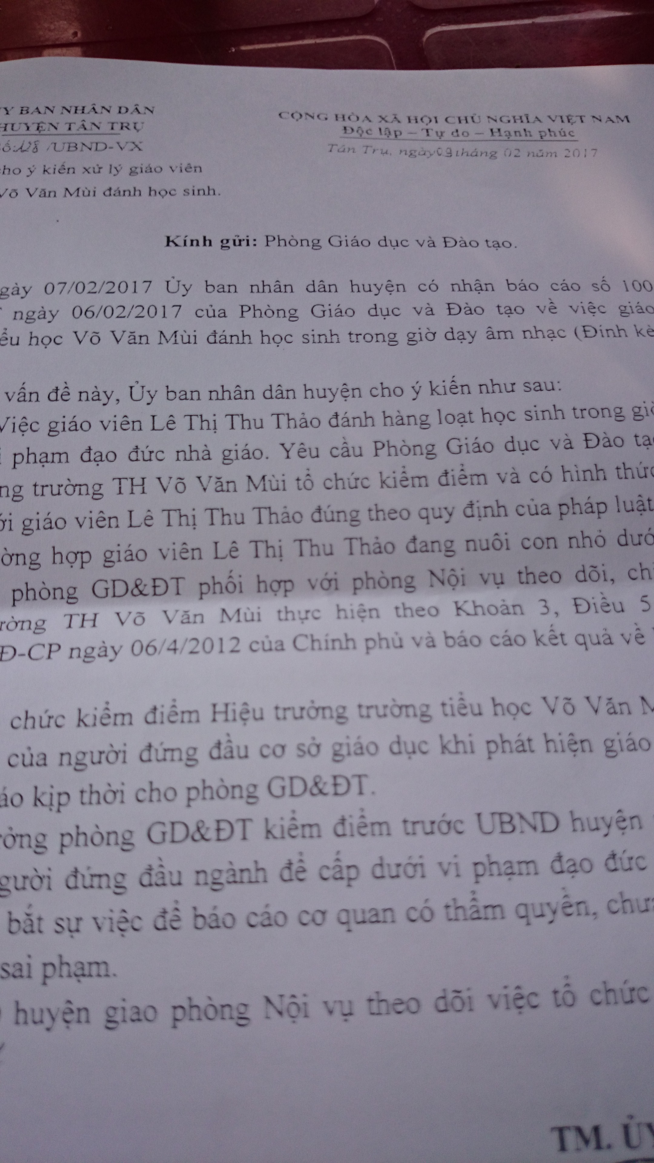 Văn bản Chủ tịch ubnd huyện chỉ đạo kỷ luật thầy giáo đánh đòn những học sinh