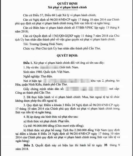 Cần Thơ: Bị phạt 90 triệu đồng vì đổi 100 USD tại tiệm vàng - Ảnh 1.