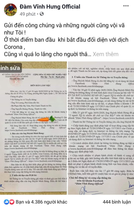 Đàm Vĩnh Hưng thừa nhận đã thiếu trách nhiệm khi thông tin về dịch nCoV - Ảnh 1.