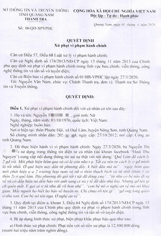 Bị xử phạt 12,5 triệu đồng vì lên Facebook nói cách ly 2 gia đình - Ảnh 1.