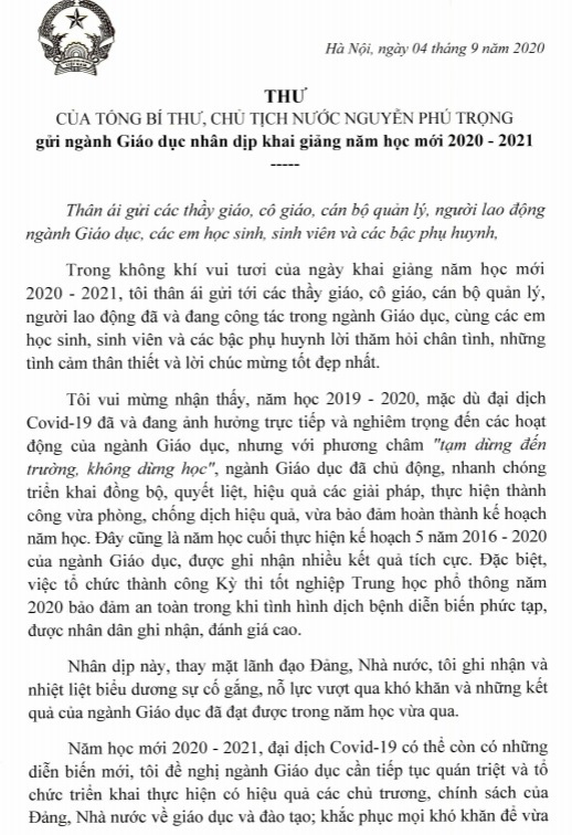 Tổng Bí thư, Chủ tịch nước gửi thư cho thầy, trò cả nước nhân khai giảng năm học mới - Ảnh 1.