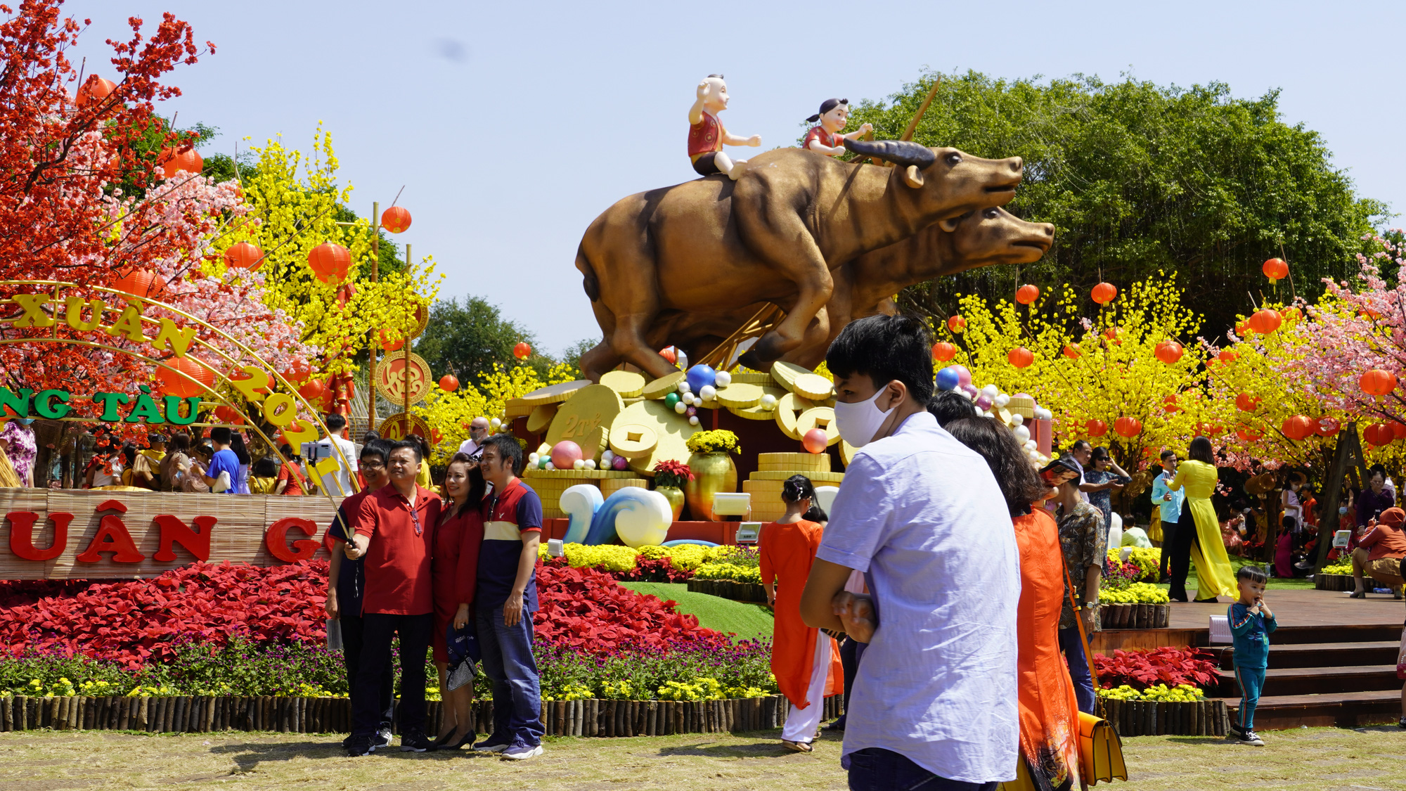 Hội hoa xuân Vũng Tàu đông đúc, nhiều người tự ý tháo khẩu trang để chụp ảnh - Ảnh 7.