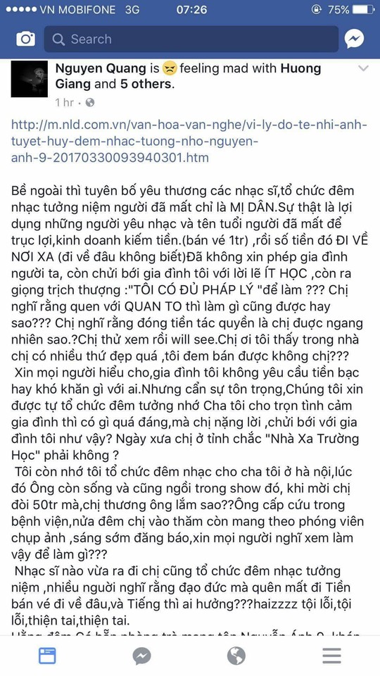 
Nguyên văn tin nhắn trên trang facebook của nhạc sĩ Nguyễn Quang
