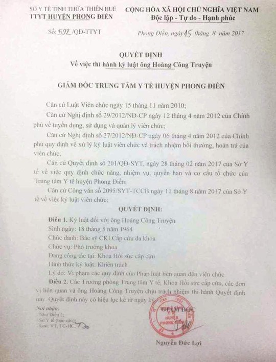 Sở Y tế Thừa Thiên - Huế chính thức xin lỗi BS Truyện - Ảnh 1.