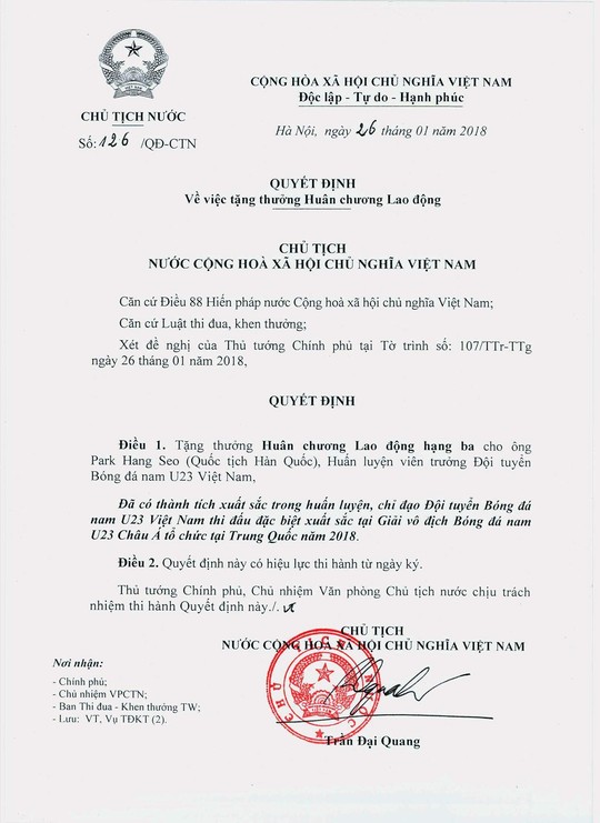 Chủ tịch nước tặng Huân chương Lao động cho U23 Việt Nam và 3 cá nhân - Ảnh 4.