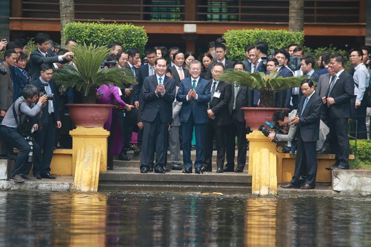 Tổng thống Hàn Quốc Moon Jae In cho cá ăn tại ao cá Bác Hồ - Ảnh 5.