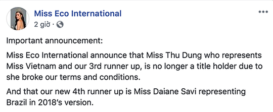 Thư Dung bị thu hồi danh hiệu á hậu Miss Eco International - Ảnh 2.