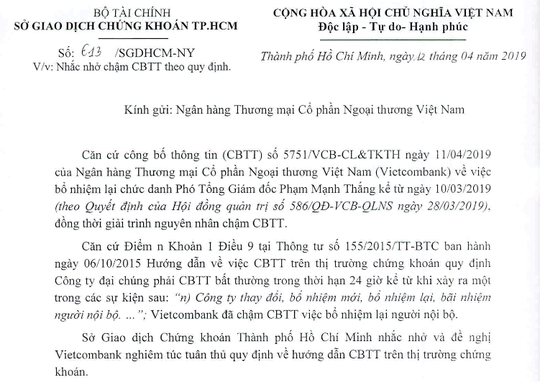 Vietcombank bị nhắc nhở vì chậm công bố bổ nhiệm lãnh đạo - Ảnh 1.