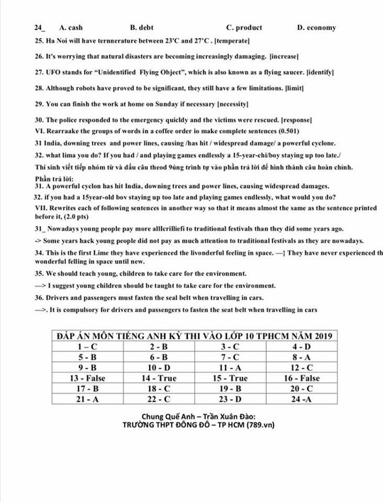 Gợi ý đáp án môn tiếng Anh lớp 10 tại TP HCM - Ảnh 3.
