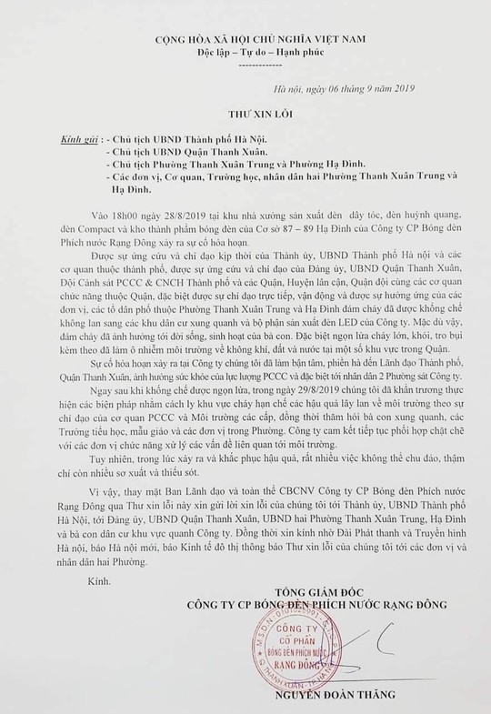 Công ty Rạng Đông gửi thư xin lỗi về vụ hỏa hoạn - Ảnh 2.