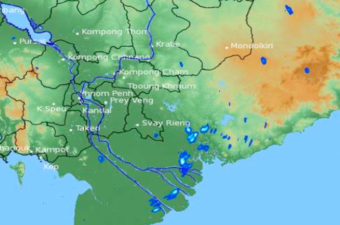 Ảnh chụp vệ tinh lúc 12 giờ ngày 23-4 cho thấy mưa đang hình thành ở Nam Bộ