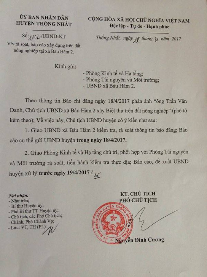 
Ngay sau khi báo Người Lao Động đăng bài, UBND huyện Thống Nhất đã có văn bản chỉ đạo kiểm tra, rà soát
