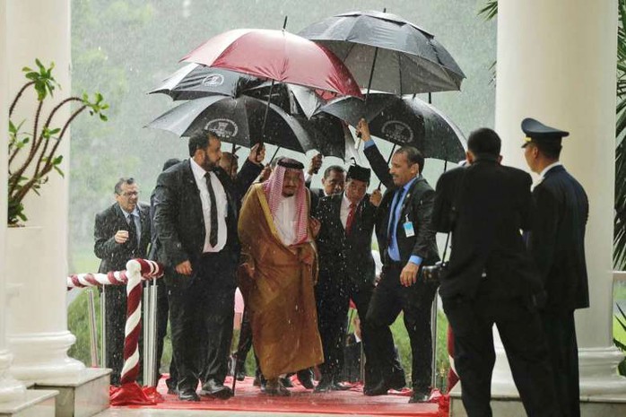 
Tổng thống Indonesia cầm dù che mưa cho Quốc vương Salman. Ảnh: Reuters
