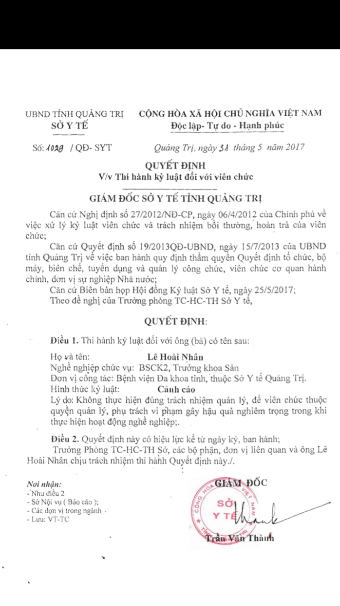 Vụ sản phụ tử vong ở Quảng Trị: Kỷ luật cảnh cáo Trưởng khoa sản - Ảnh 1.