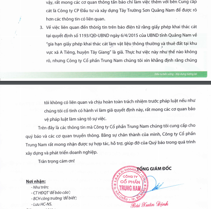 Thông cáo báo chỉ của Công ty CP Trung Nam