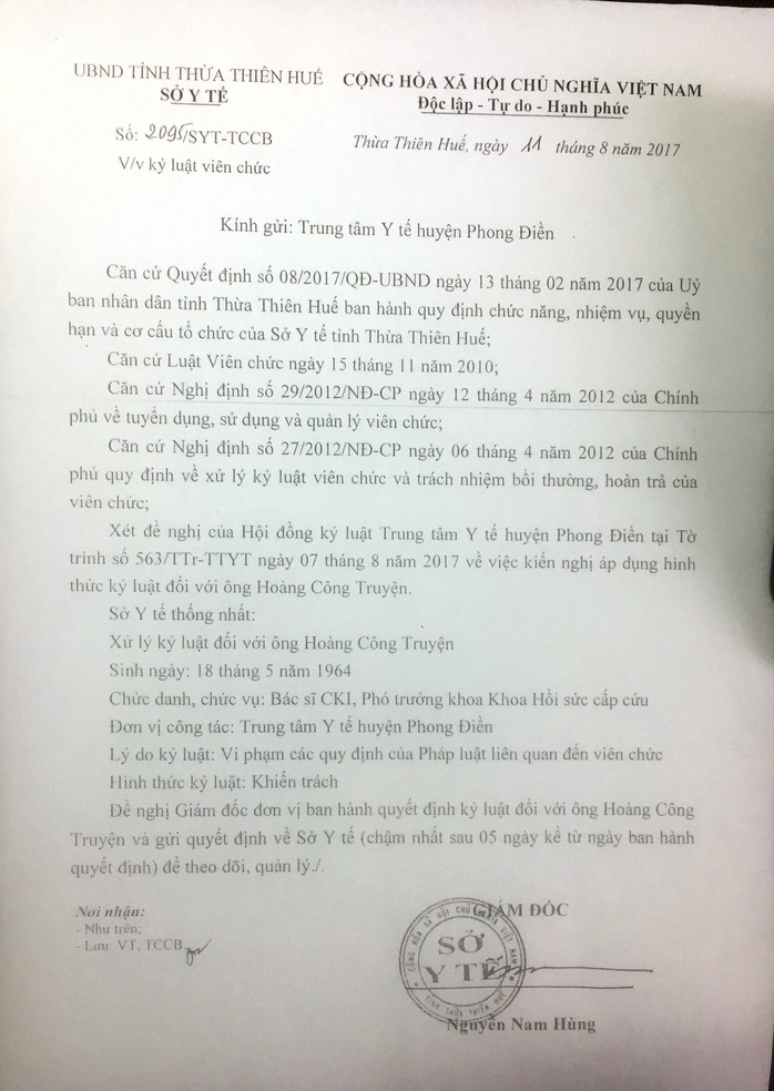 Không rút lại quyết định kỷ luật BS Truyện nếu Sở TT-TT giữ nguyên xử phạt - Ảnh 1.