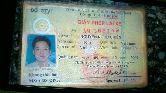 
Giấy phép lái xe của Nguyễn Ngọc Chiến bị thu giữ
