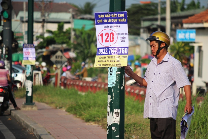 Cán bộ phường Hiệp Bình Chánh (quận Thủ Đức) vất vả tháo gỡ các tờ quảng cáo, rao vặt trên đại lộ Phạm Văn Đồng