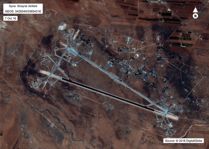 
Shayrat, căn cứ không quân Syria bị Mỹ phóng tên lửa hôm 6-4. Ảnh: Bộ Quốc phòng Mỹ
