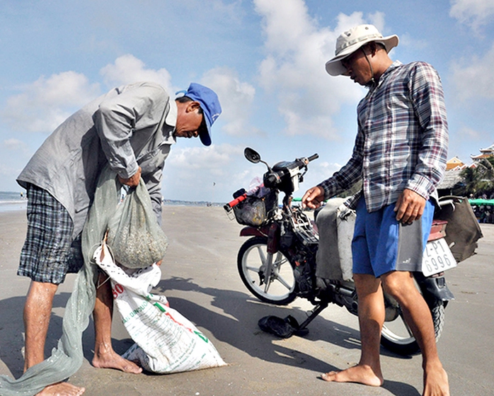 Anh Trần Văn Minh (trái) thu được khoảng 40kg ốc móng tay sau 2 giờ cào trên bãi biển Long Hải, huyện Long Điền. Ảnh: MINH THANH