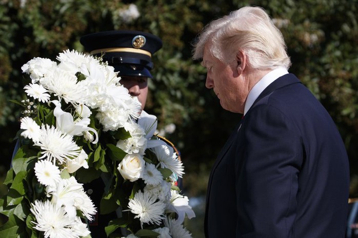 
Tổng thống Donald Trump trong lễ kỷ niệm ngày 11-9 tại Lầu Năm Góc. Ảnh: AP
