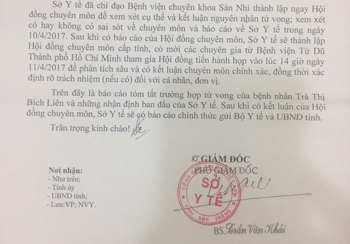 
Báo cáo của Sở Y tế Sóc Trăng gửi Bộ Y tế
