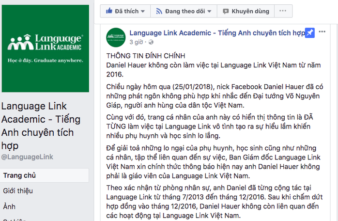 Language Link Việt Nam: Không còn liên quan tới Daniel Hauer - Ảnh 1.