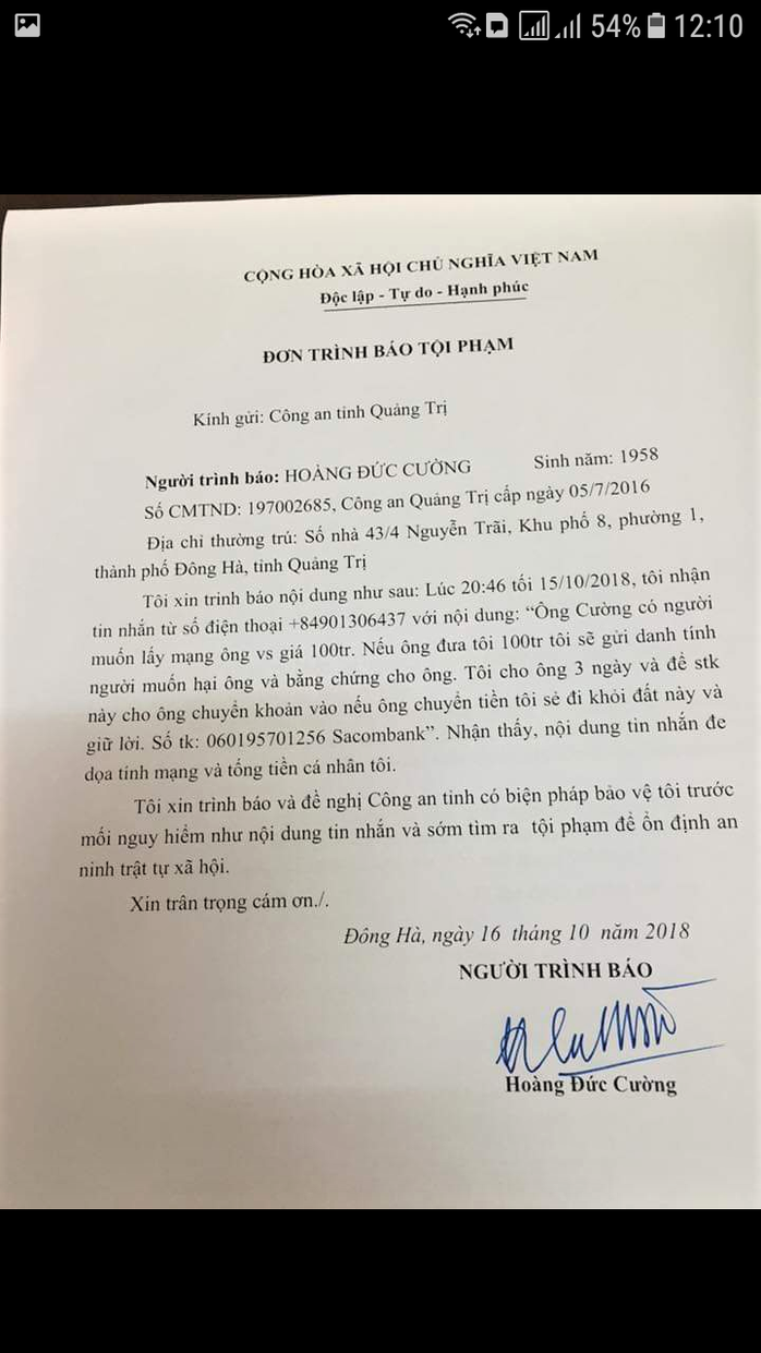 Chánh Văn phòng Đoàn ĐBQH tỉnh Quảng Trị bị nhắn tin đe dọa, tống tiền - Ảnh 2.