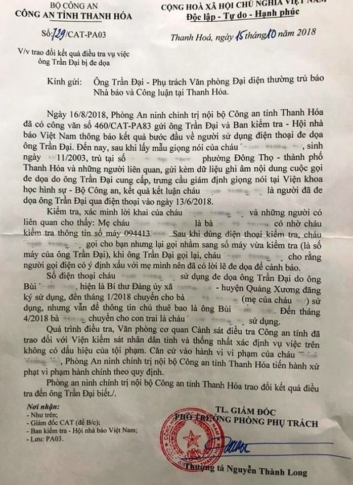 Bất ngờ với người gọi điện dọa giết phụ trách Văn phòng Báo Nhà báo và Công luận - Ảnh 1.