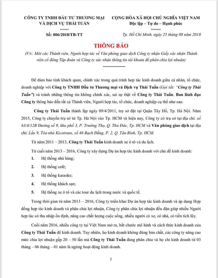 Mập mờ việc Công ty Thái Tuấn của Vũ Đức Tĩnh mời người góp vốn đến nhận lãi - Ảnh 1.