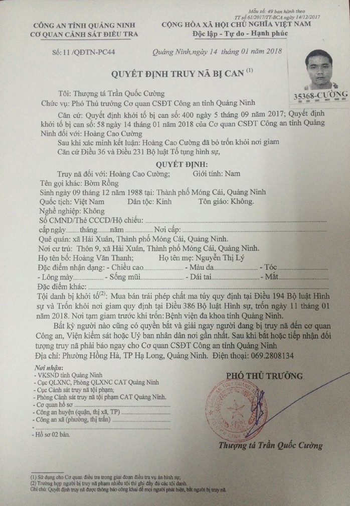 Truy nã 2 đối tượng ở Quảng Ninh trốn khỏi nơi giam giữ - Ảnh 1.