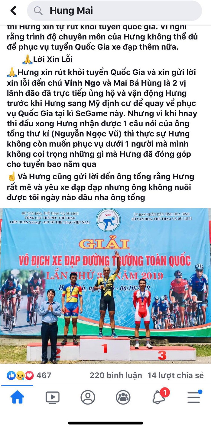 Tay đua Mai Nguyễn Hưng xin rút khỏi Đội tuyển Quốc gia - Ảnh 1.