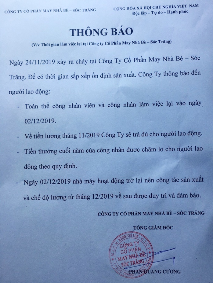 Cam kết của Công ty May Nhà Bè - Sóc Trăng sau vụ cháy thiệt hại 180 tỉ đồng - Ảnh 1.