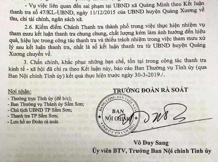 Phát hiện nhiều sai phạm nhưng kết luận chung chung, Chánh thanh tra TP Sầm Sơn bị kiểm điểm - Ảnh 1.