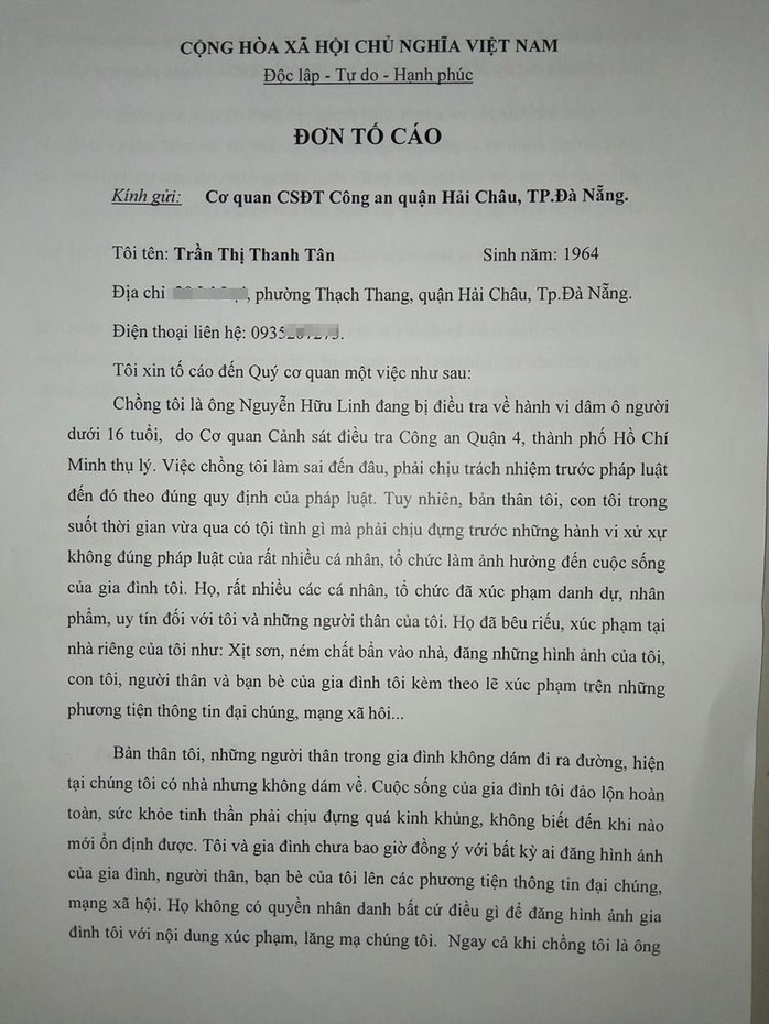 Vợ ông Nguyễn Hữu Linh gửi đơn tố cáo về việc bị xúc phạm, lăng mạ - Ảnh 2.