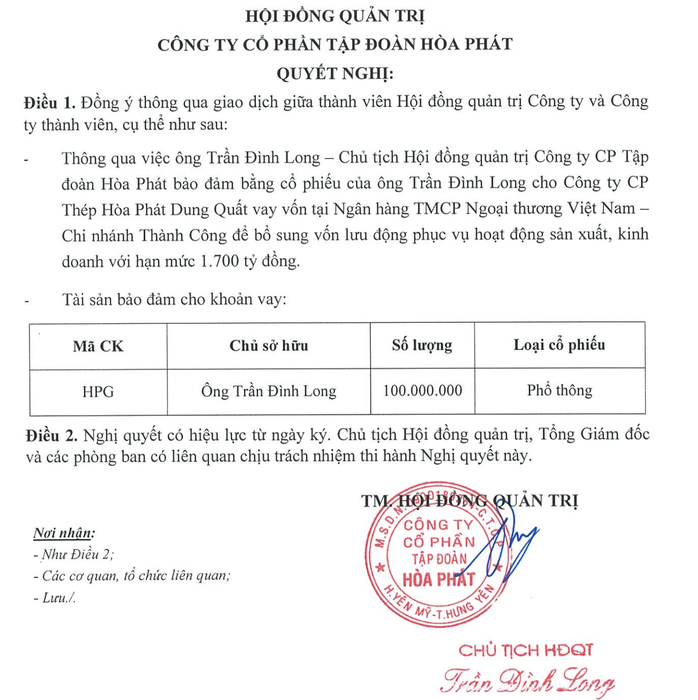 Ông Trần Đình Long thế chấp 100 triệu cổ phiếu vay 1.700 tỉ đồng cho dự án thép Dung Quất - Ảnh 1.