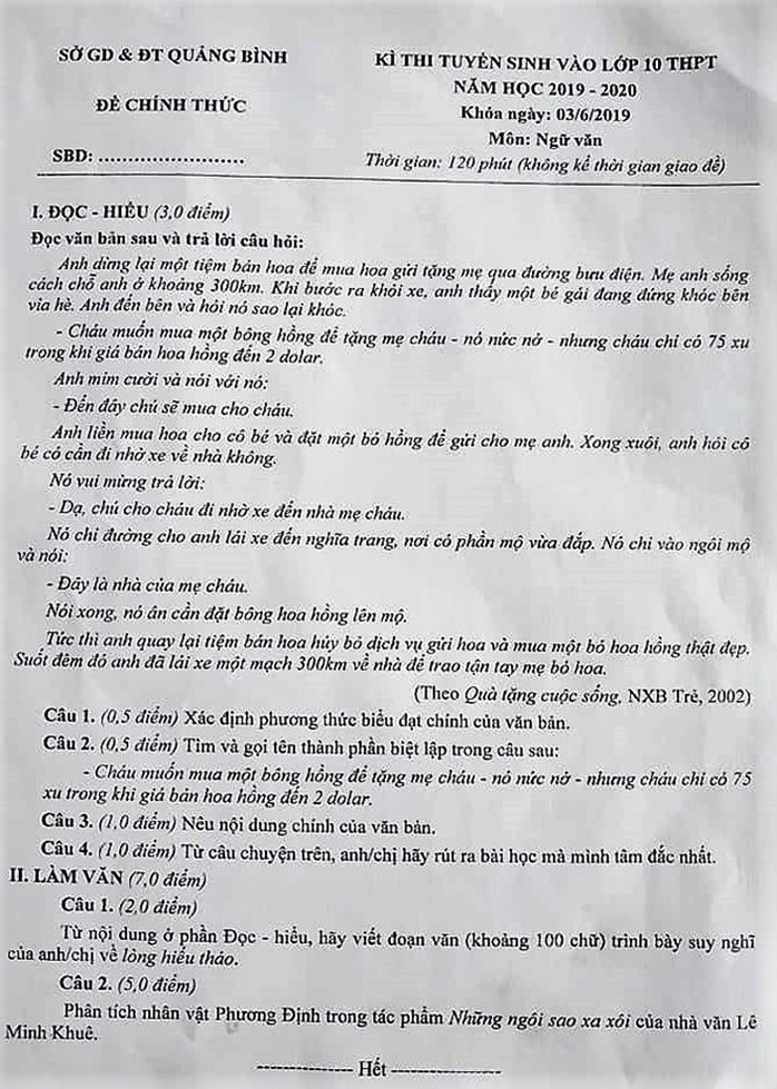 Lạ kỳ đề thi môn văn vào lớp 10 giống với lớp 9? - Ảnh 1.