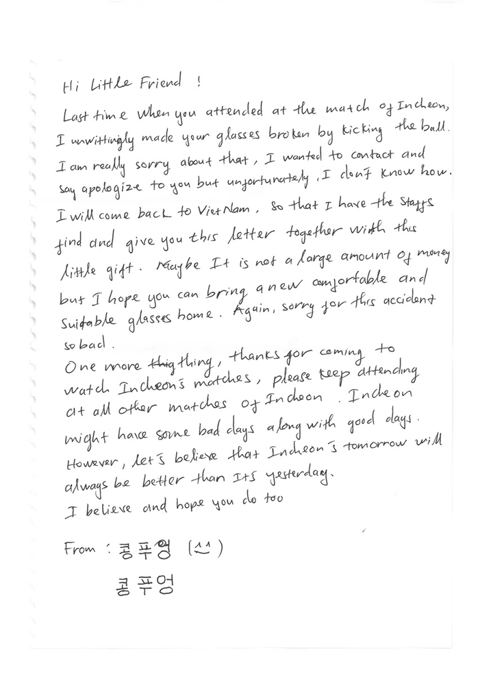 Bức thư tìm người lạ gây xúc động ngày Công Phượng chia tay Incheon United - Ảnh 2.