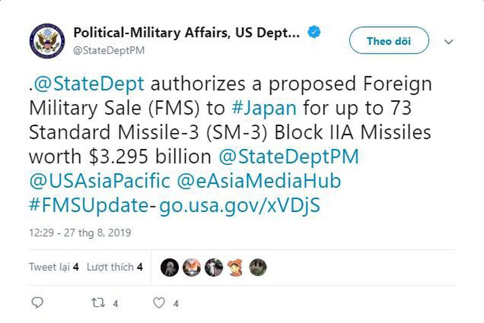 Bộ Ngoại giao Mỹ đồng ý bán tên lửa cho Nhật Bản với 3,3 tỉ USD - Ảnh 1.