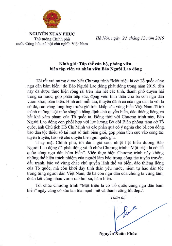 Thủ tướng Nguyễn Xuân Phúc gửi thư khen Báo Người Lao Động - Ảnh 1.