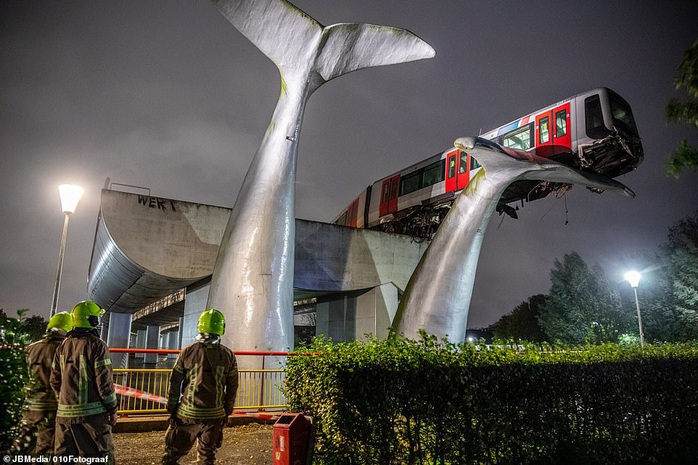 Tàu metro lao qua rào chắn, nằm vắt vẻo trên đuôi cá voi - Ảnh 1.