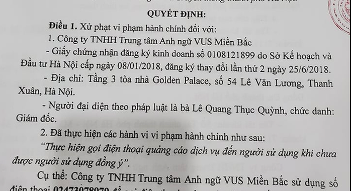 Trung tâm Anh ngữ bị phạt vì gọi điện quảng cáo - Ảnh 1.