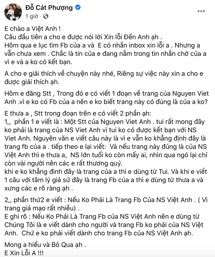 Nghệ sĩ Cát Phượng viết tâm thư xin lỗi NSND Việt Anh - Ảnh 2.