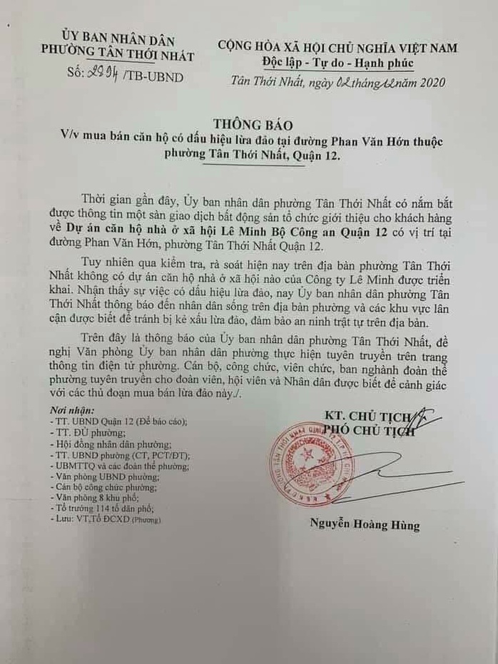 Quận 12 cảnh báo dự án lừa đảo Lê Minh Bộ Công an - Ảnh 1.