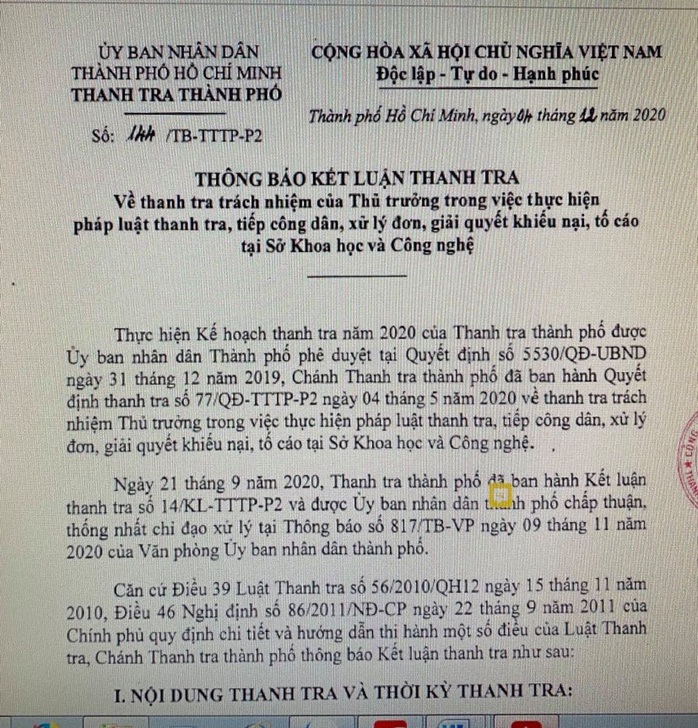 Thông báo kết luận thanh tra liên quan Sở Khoa học và Công nghệ TP HCM - Ảnh 1.