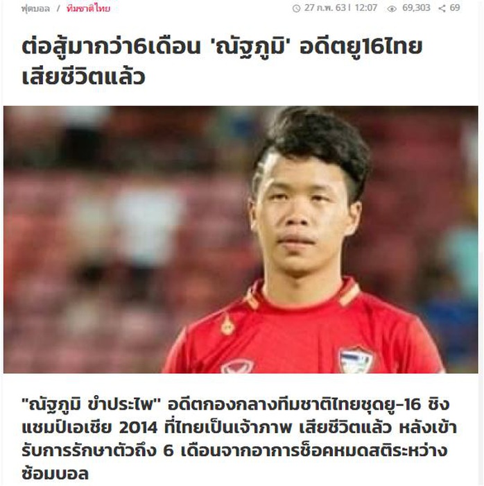 Cầu thủ trẻ Thái Lan qua đời vì đột quỵ trên sân tập - Ảnh 1.